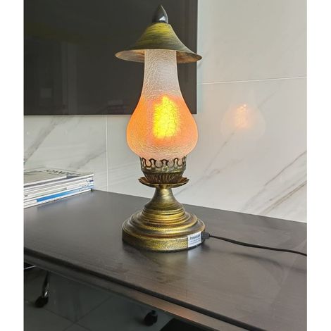 Lanterna da Tavolo a Led Vintage con Effetto Fiamma in Vetro e Rame