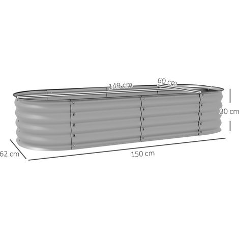 Bac de culture métallique argenté modulaire 150 x 62 x 30 cm, acier galvanisé 0,6 mm, fond ouvert avec bordures protégées, pour jardin et balcon