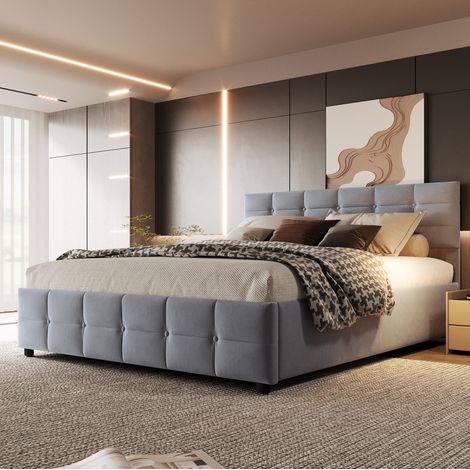 Letto imbottito 180x200 cm grigio in velluto olandese con contenitore idraulico (1/5)