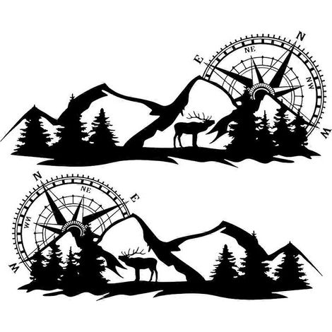 Lot de 2 autocollants de carrosserie représentant une grande boussole et un cerf de montagne, pour camping-car ou fourgon aménagé (noir). (1/5)