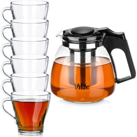 Teiera in vetro resistente al calore con infusore da 1,15 l + bicchieri da 250 ml (6 pezzi). (1/5)