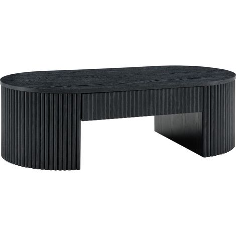 Table basse ovale noire avec tiroir de rangement, relief rainuré vertical et design compact en MDF pour salon, bords arrondis sécurisants et style moderne CHICFURN (1/5)