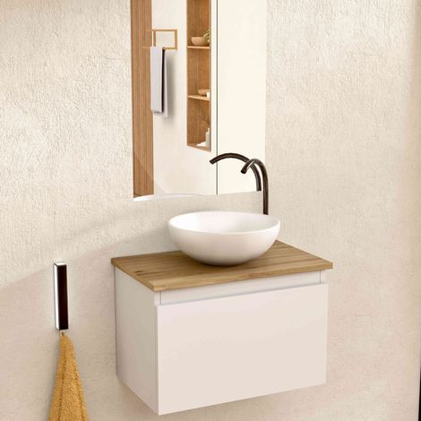BELLOBATH – Hängender Badezimmerschrank mit rundem Keramikwaschbecken und Spiegel, Badezimmerschrank mit Waschbecken und 1 Schublade, 49,5 x 32 x 30 cm, Möbel in Weiß/Eiche (1/5)