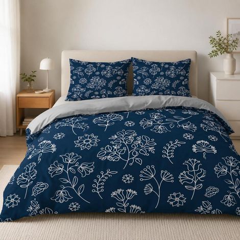 Ensemble de literie 200x220 cm Bleu Fleuri Microfibre 3 pièces avec fermeture éclair