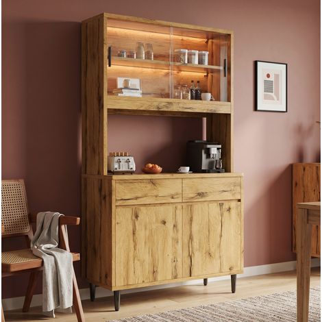 Buffet haut 100/40/185 cm décor chêne avec portes vitrées, LED et prises intégrées (1/5)