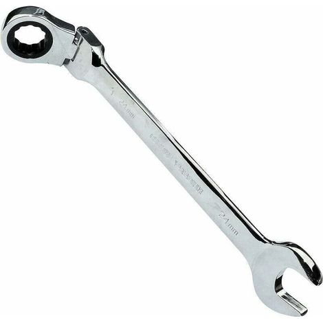 Clé Plate Mixte à Fourche/Classique 24mm - vers Clé à Cliquet à Tête Articulée/Flexible 24mm Anneau/Oeil 12 Pans - Non Réversible/Métrique - en Acier CR-V - Manche Droite Polie