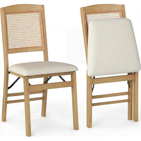 Chaises Pliantes en Bois Lot de 2, Dossier Cannage en Rotin PE, Siège en Lin Rembourré, Chaise Cuisine Interieure Charge 180KG, Usage Domestique (1/5)