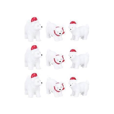 Lot de 9 mini ours polaires décoratifs de Noël, miniatures, pour un décor de bureau original (style aléatoire). (1/2)
