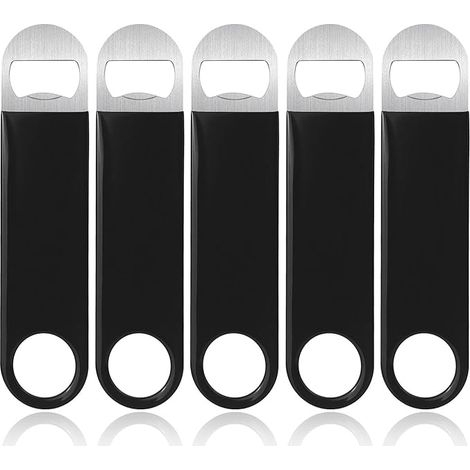 Juego de 5 abridores de botellas de acero inoxidable, abridor de botellas de cerveza, abridor de botellas plano, abridor de botellas de barra, mango de goma suave para cocina, bar, restaurante (1/5)