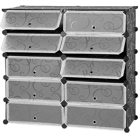 Penderie Etagère à Chaussures Modulable DIY 10 Cubes, Meuble Rangement en Plastique pour Chambre, Salon, Noir et Blanc avec Motif Frisé (1/5)