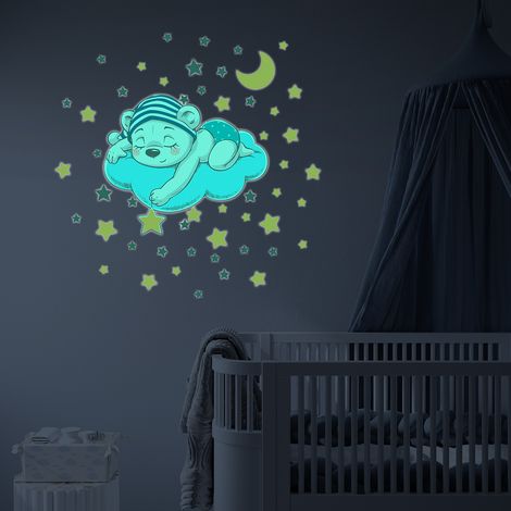 Sticker phosphorescent lumineux - OURSON RÊVEUR ET 50 ÉTOILES - Autocollant mural plafond enfant fluorescent - 20x25cm (1/5)