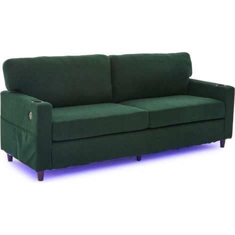 Sofá biplaza de chenilla con USB-C, LED, portavasos y bolsillos laterales, verde esmeralda (1/5)