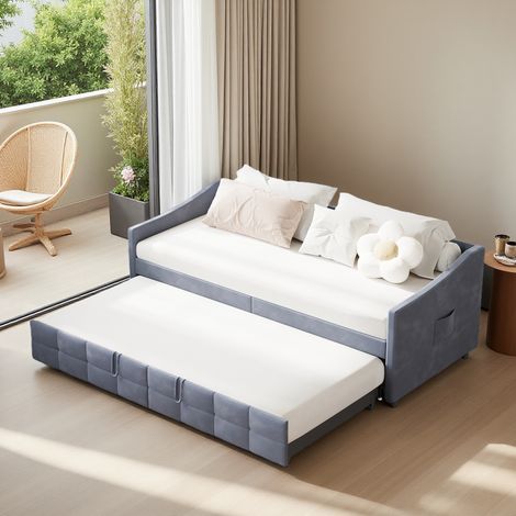 Canapé-lit multifonctionnel - 90/180x200 cm - 2 en 1 - Lit Gigogne Extensible - Sommier à Lattes en Bois - Scandinave - Velours (1/5)