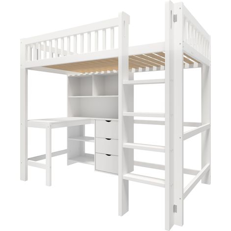 Hochbett 90x200 cm mit Schreibtisch, 3 Schubladen, Leiter und Stauraum, weiß (1/5)