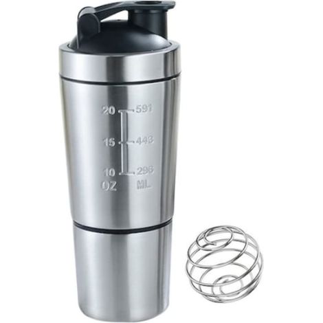 Shaker à protéines QttvbTna, inox brossé, contenance 600 ml, couvercle silicone, dimensions 25,5 x 9 cm, argenté (1/5)