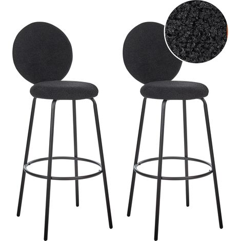 Set di 2 sedie da bar bouclé nero con gambe in acciaio e schienale rotondo Emery