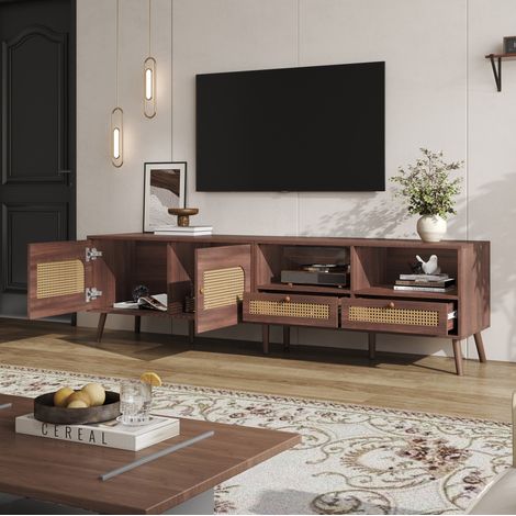 Mobile TV 200x37x49,5 cm per TV 80", 2 Ante Rattan, 2 Cassetti, Lowboard Moderno (1/5)