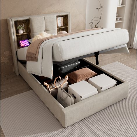 Cama tapizada 90/200 cm natural de lino con carga inalámbrica y almacenaje (1/5)