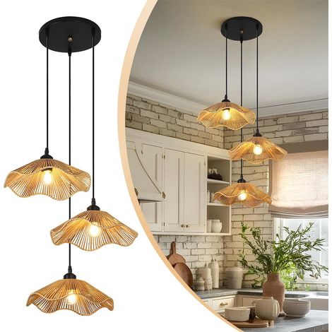 Suspension à trois lumières en rotin,fabriquée artisanalement en bambou naturel,style bohème/nordique,idéale pour les cuisines,salles à manger