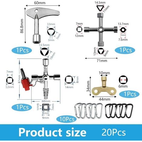 20 Cle Universelle Set, Cle Triangle Poubelle square key, Portable Clé Multifonction, Clé Robinet, clé Purge Radiateur, Clés à Fente en Métal (1/5)