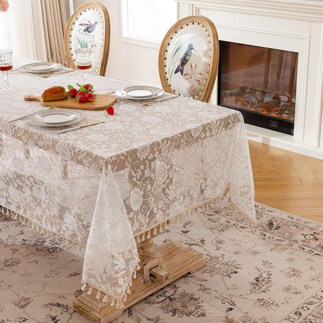 Nappe Rectangulaire Dentelle Brodée Fleurs de Roses 140x180 Blanc (1/5)