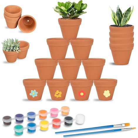24 Pièces Mini Pots de Fleurs en Terre Cuite, 3,5 x 3 cm Pot de Plante Terre Cuite avec 12 Couleurs et 2 Pinceaux, Petit Pot de Fleur en Argile avec Trou de Vidange pour Cactus Succulentes (1/5)