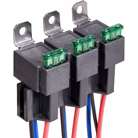 Relé automotriz de 12 V, 3 unidades, SPST de 4 pines con fusibles de cuchilla ATO/ATC de 30 A, normalmente abierto, con enchufe y cables de 14 y 16 AWG. (1/5)