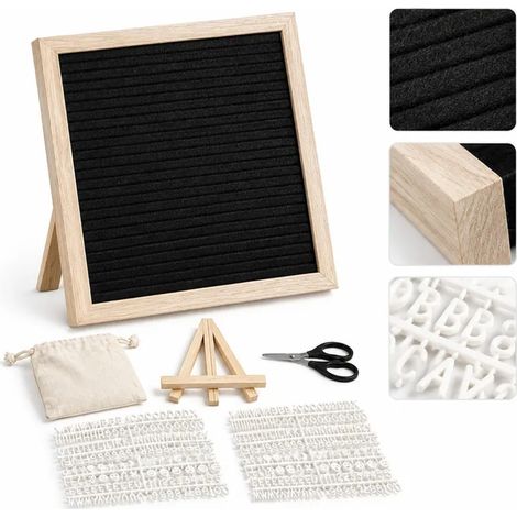 Tableau lettres en feutre noir 340 lettres, support bois, sac rangement, memo maison bureau (1/5)