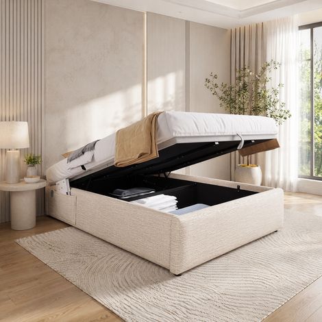 lit coffre 140x200 en lin naturel avec USB Type-C HAVRYA (1/5)