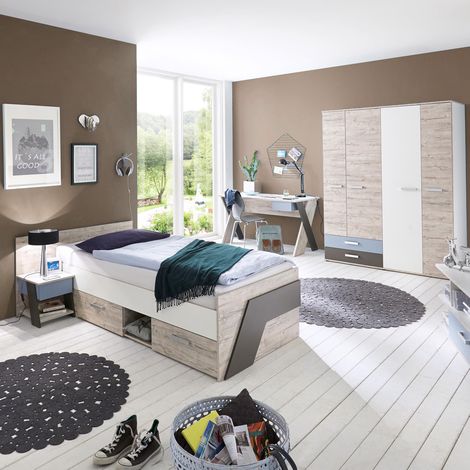 Jugendzimmer Set mit Schreibtisch 4-teilig LEEDS-10 in Sandeiche Nb. mit weiß, Lava und Denim Blau (1/3)