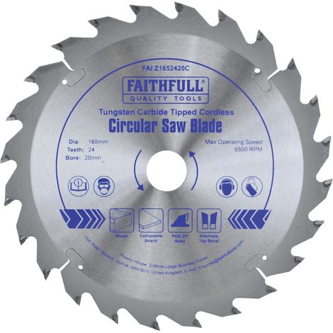 Cordless Circular Saw Blade for Wood – 165mm Diameter, 24 Teeth, 20mm Arbor, TCT Tooth Design, Compatible with Faithfull z1652420C Model