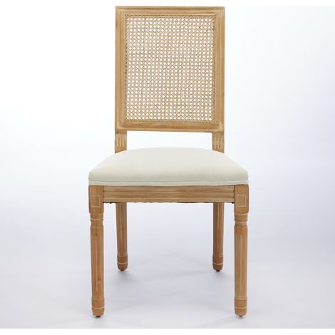 Ensemble de 2 chaises de salle à manger style ferme française, structure en bois massif vieilli, dossier carré en rotin tressé, assise en lin respirant, coussin garni de mousse et ressorts en S en aci (1/4)