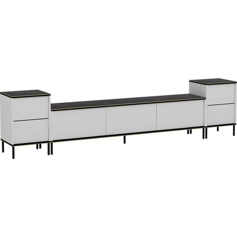 Meuble Tv Shone L180cm Blanc et Effet marbre Noir avec lisère Or (1/5)