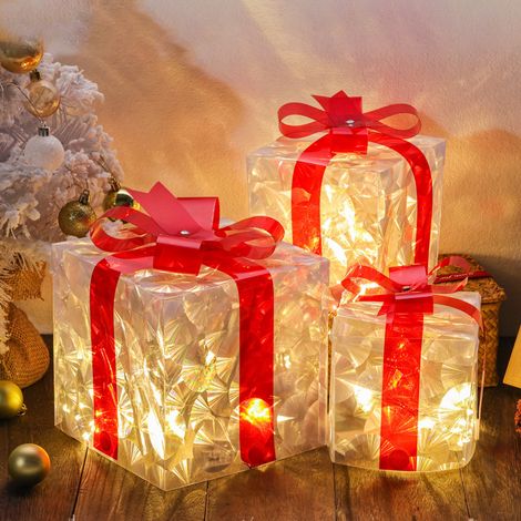 Lot de 3 boîtes cadeaux de Noël lumineuses, transparentes, blanc chaud, avec rubans rouges pour sapin, jardin, maison, décoration festive extérieure (1/4)