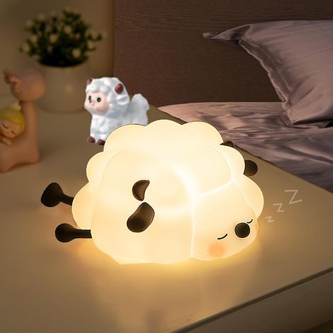 Noir Veilleuse Enfant Rechargeable Lampe, Silicone Lampe de Chevet Mouton avec 3 Niveaux de Lumière, Lampe de Nuit Tactile pour Chambre Décoration