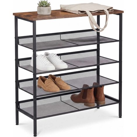 Scarpiera a 5 ripiani in metallo e MDF, marrone, 81x75x30 cm (1/5)