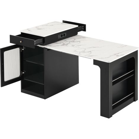 Table à manger extensible avec roulettes, plateau amovible et prises intégrées, multifonction pour cuisine et salle à manger, couleur noire (1/5)