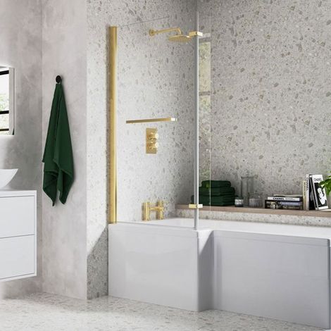 Signature Brushed Brass L-Shaped Hinged Bath Screen with Rail 1500mm High x 815mm Wide - 6mm Glass (1/2)