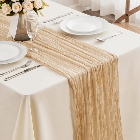 1 Chemin de table, gaze, 90x300 cm, style rustique, bohème, pour mariage, baby shower (1/5)