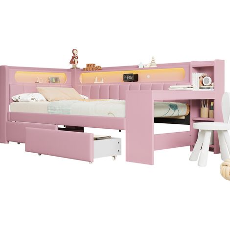 Lit canapé rembourré 90x200 LED USB bureau tiroirs rose (1/4)