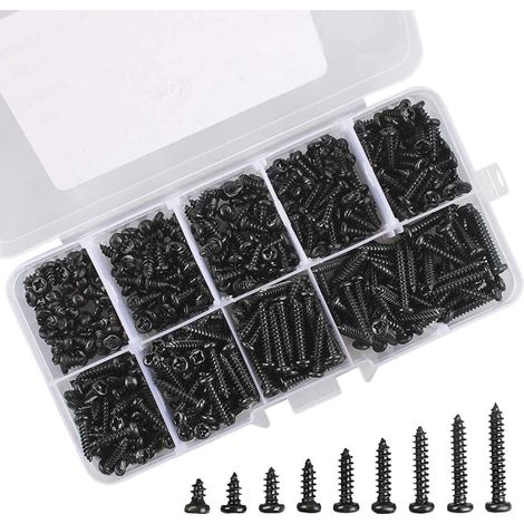 Vis M3 tête ronde en acier inoxydable, lot de 450 vis autotaraudeuses noires pour bois tendre, métal, fiche technique, boîte plastique (1/4)