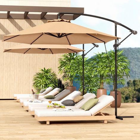 Parasol déporté de 3 m de diamètre avec aérations. Pied en croix et manivelle. En métal et polyester. Kaki.