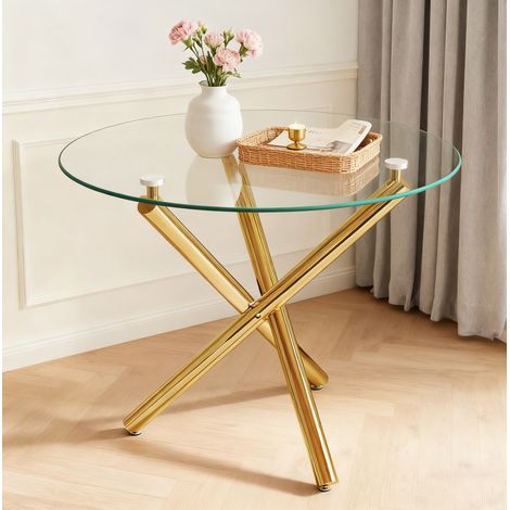 MEUBLIV Mesa de comedor redonda 80 cm de vidrio templado transparente y metal dorado, 2-4 personas (1/5)