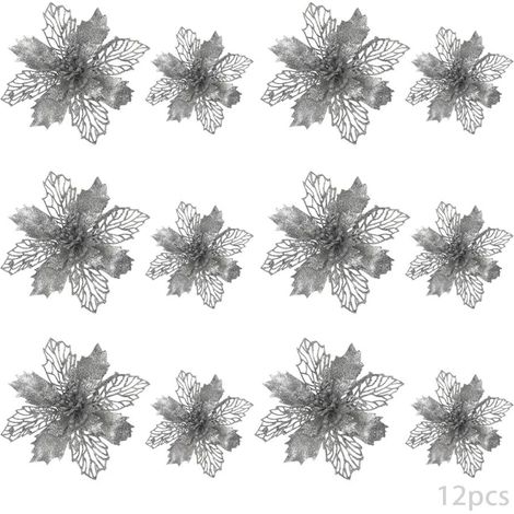 12pcs Fleur de Simulation de Noël,Fleur de Noël Poinsettia, Fleur de Noel,Fleur de Noël pour SapinDecoration Noel Sapin,Fleurs de Noël Artificielles (argent) (1/5)