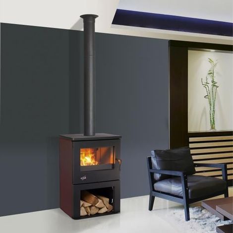 Godin – Poêle à bois 8.5kW noir/carmin – Chargement avant – Raccordement arrière Ø 150mm – Longueur max bûche 55cm – 362113CARMIN (1/3)