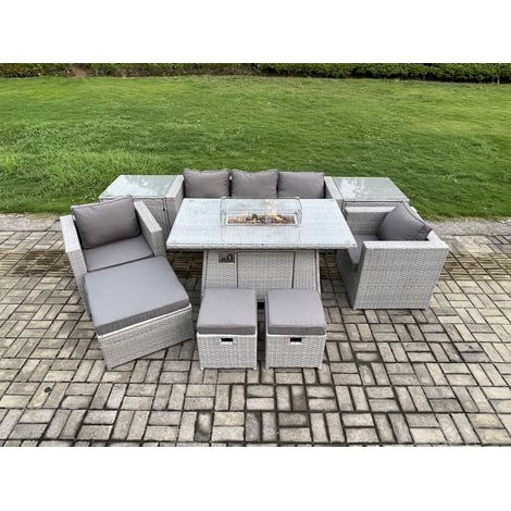 Fimous 8-Sitzer Polyrattan Gartenmöbel Set mit Sofa, Gas Feuertisch und 2 Sessel,2 Beistelltisch,3 Hocker Outdoor Terrassen Essgruppe Helles Grau (1/5)