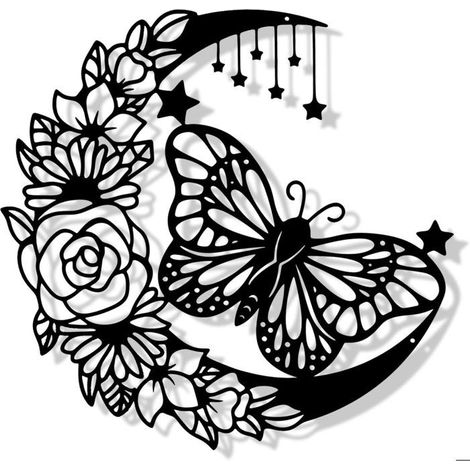 Décoration murale en métal noir, papillons et fleurs de lune, sculpture pour chambre de fille. (1/5)