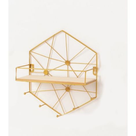 Étagère murale hexagonale suspendue sans perçage - Doré 26x9x30cm, décoration murale moderne (1/5)