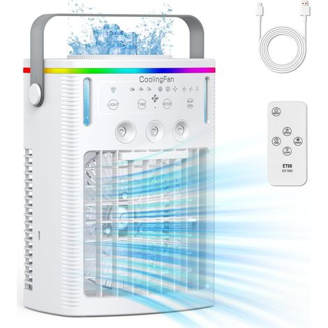 Climatiseurs portables, petit ventilateur personnel 4 en 1 avec réservoir d'eau de 1 000 ml, minuterie, 3 brumisateurs, 7 veilleuses, chargement USB.