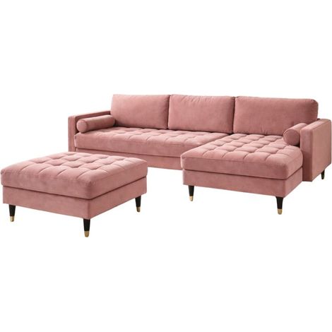 Ecksofa KOLIRI in Puderrosa mit Hocker – Designer-Sofa aus Samt mit Massivholzstruktur